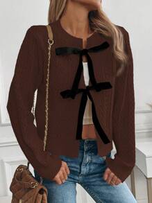 SHEIN Unity Cardigan Wanita Kasual Modis dengan Desain Ikat dan Blok Warna, Cocok untuk Pakaian Sehari-hari di Musim Gugur - Coffee Brown - View 5