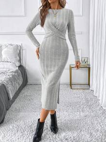 SHEIN Clasi Elegant Knotted Waist Design Round Neck Long Sleeve Slit Fitted Women Dress - Grey - View 3