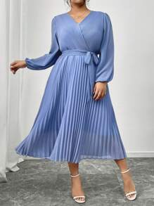 SHEIN Frenchy Váy suông tay loe cổ chữ V thanh lịch cỡ lớn màu trơn cho nữ, mùa thu - Màu xanh lam - Xem 3