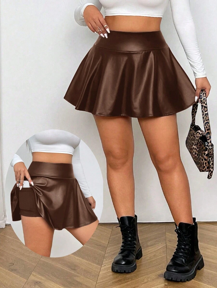 SHEIN EZwear Plus Size Ladies Brown Faux Leather Mini Skirt With Built-In Shorts And Pockets