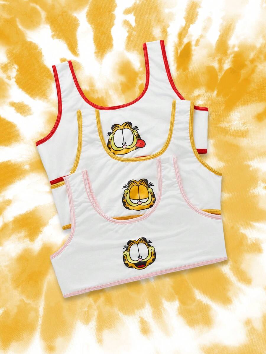 GARFIELD | SHEIN Conjunto de 3 piezas para niña preadolescente: Ropa interior tipo top con almohadilla extraíble, estampado de dibujos animados coloridos y cómodos - Blanco - Ver 1
