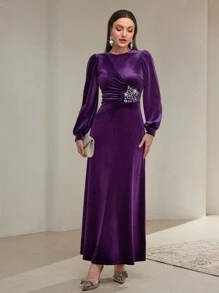 Modelyn Women Round Neck Long Sleeve Rhinestone Decor Casual Long Arabian Modest Dress Long Evening Dresses