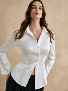 Poéselle 白色缎面长袖衬衫，优雅工作衬衫，女士纽扣衬衫