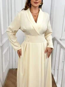 SHEIN Privé Plus Size Women Elegant Office Lady Apricot Shawl Neck Cinched Waist Long Sleeve A-Line Shirt Dress, Suitable For Fall & Winter