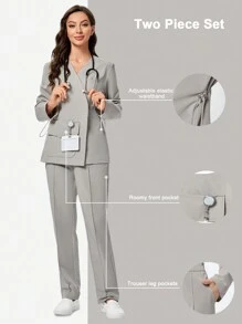 TaskEZ 2pcs Scrub Set Anti-Wrinkle Crossed Wrap Long Sleeve Nurse Uniform Top & Bottom For Women - Khaki - View 1