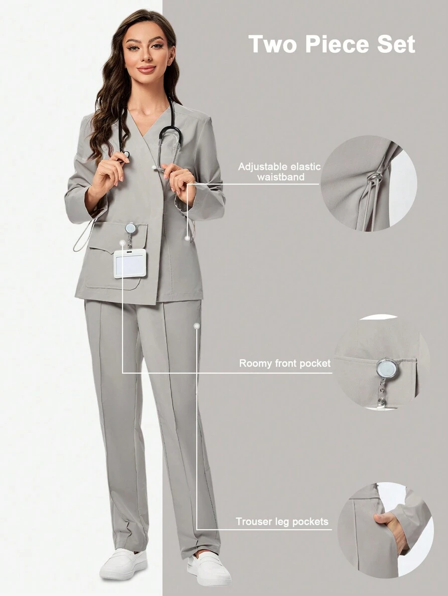 TaskEZ 2pcs Scrub Set Anti-Wrinkle Crossed Wrap Long Sleeve Nurse Uniform Top & Bottom For Women - Khaki - View 1