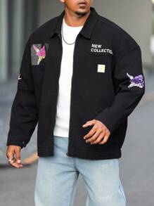 Manfinity LEGND Plus Size Men Letter & Graphic Print Zipper Front Casual Denim Jacket, Versatile Style