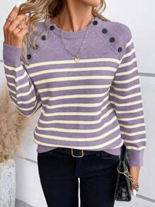 SHEIN LUNE Casual Minimalist Color Block Striped Raglan Sleeve Sweater For Autumn/Winter Knit Pullover Fall Outfit