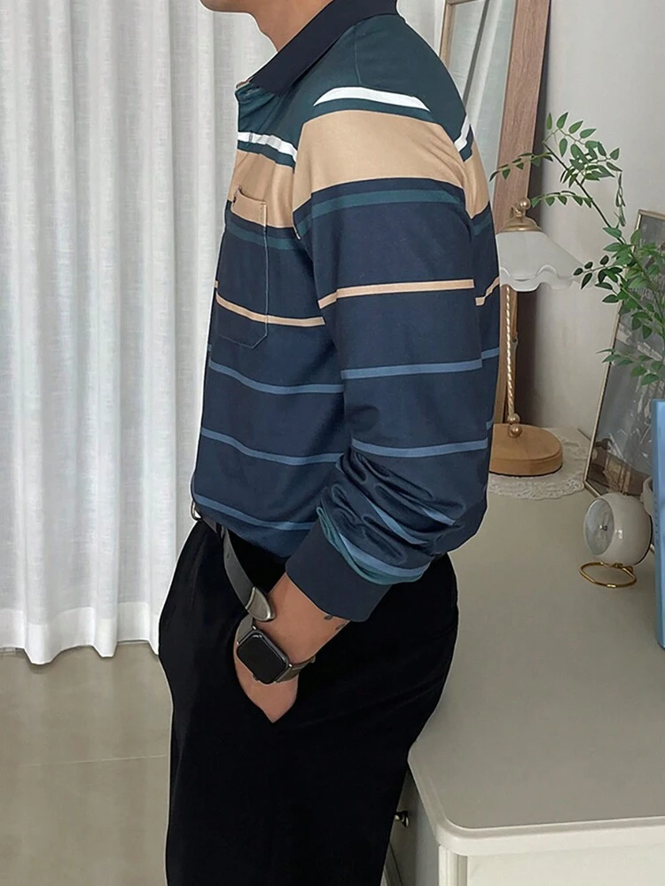 Men's Casual Color Blocking Striped Embroidery Letter Polo Shirt, Autumn Long Sleeve Men Shirt