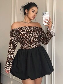 Flirla Plus Size Off Shoulder Tie-Up Ruffle Leopard Print Patchwork Flare Sleeve Elegant Dress, Suitable For Date, Party And Gathering