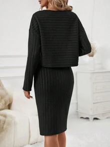SHEIN Clasi 2pcs/Set Women Fuzzy Thermal Lined Long Sleeve T-Shirt And Dress, Warm Winter Outfits - Black - View 2