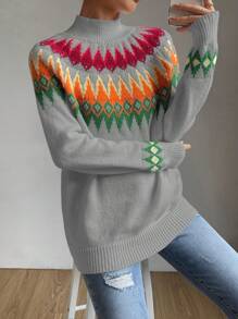 Chiquease 女式休闲高领插肩袖费尔岛图案毛衣，秋季/冬季 - 彩色 - 查看 6
