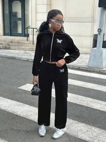 SHEIN Teengirl Black Velvet Rhinestone Decor Casual Suit, Black Velvet Suit, Glamorous Shimmering Rhinestone Suit, Street Style Suit, College Style Suit - Black - View 6
