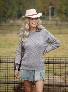 LanaWest Suéter de cuello redondo casual de mujer con nudo de diamante, puños con botones, de punto, para otoño e invierno - Gris - Ver 4