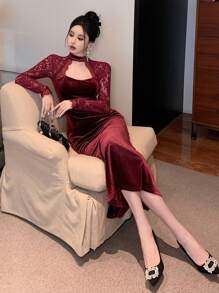 DAZY 女士丝绒蕾丝拼接性感长袖中长连衣裙，适合圣诞派对、返校、正式场合、秋冬季舞会礼服、圣诞节优雅女士连衣裙、新年夜礼服 - 酒紅色 - 查看 6