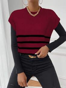 Chiquease Chaleco de mujer casual de cuello redondo, manga corta tipo murciélago, a rayas, para otoño/invierno - Rojo - Ver 5