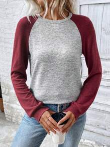 EMERY ROSE Women's Contrast Color Round Neck Raglan Sleeve Long Sleeve Casual Sweatshirt, Autumn,Graduation,Teacher,Back To School Pullover Fall - Multicolor - View 3