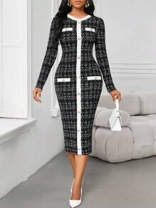 SHEIN Lady Đầm công sở thường ngày dệt kim co giãn cổ tròn thanh lịch dành cho nữ - Đen và trắng - Xem 2