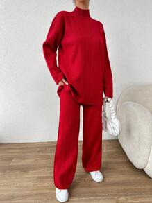 EURMUSE Mock Neck Drop Shoulder Sweater & Knit Pants