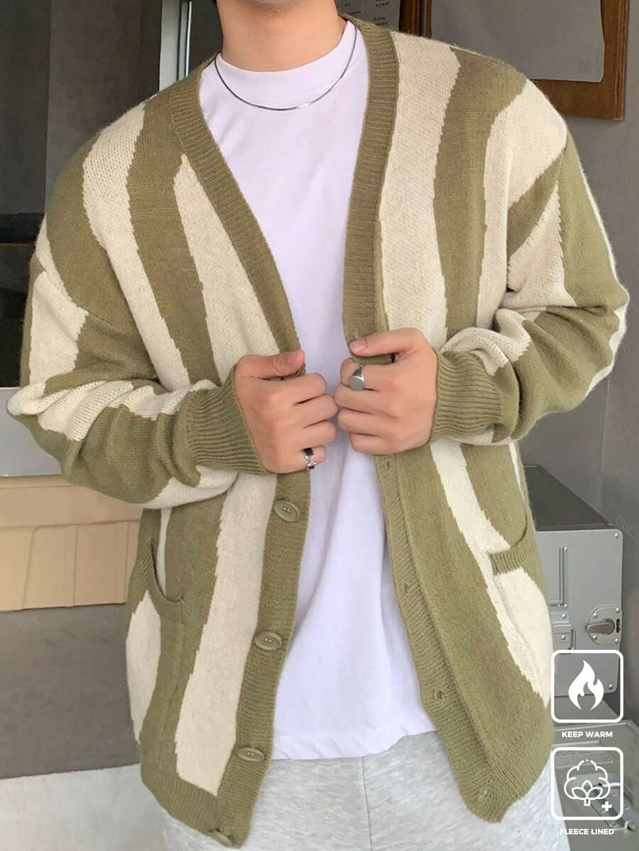 Manfinity Hypemode Cárdigan de punto de manga larga informal con estampado de rayas para hombre