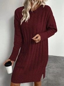 SHEIN LUNE Solid Color Round Neck Long Sleeve Casual Slit Sweater Dress