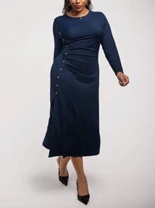 SHEIN Clasi Plus Size Elegant Sapphire Blue Embellished Button High Slit Long Dress