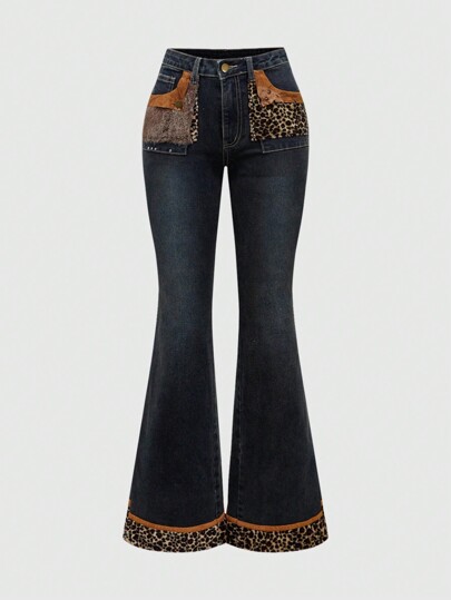 J-Fashion Damen Y2K Jeans mit tiefer Taille, Vintage Leoparden Patchwork, Herbst/Winter