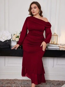 Modelyn Vestido asimétrico de cola de pez de unicolor elegante talla grande, para primavera/otoño, vestidos ajustado elegantes para fiesta de noche/invitada de boda/aniversario, vestido largo burdeos maxi para mujer