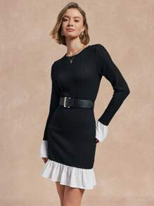 SHEIN Unity 女士纯色拼色圆领长袖简约短裙，休闲日常穿着 - 黑色 - 查看 5