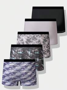 SHEIN 5 件装 男童恐龙丛林印花棉质舒适平角内裤，时尚设计 - 彩色 - 查看 2