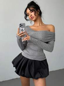 Aloruh Women Elegant Sexy Office & Casual Asymmetrical Neck Ruched Slim Fit Long Sleeve 
Off The Shoulders Grey T-Shirt - Grey - View 5