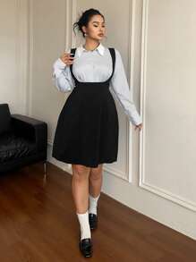 Flirla Plus Size Women 2pcs/Set Striped Patchwork Collar Blouse + Suspender Adjustable Waist Midi Dress, Autumn - Multicolor - View 4