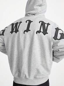 Manfinity VCAY Men's Loose Knit Going Out Letter Graphic Hooded Sweatshirt, Long Sleeve Zip-Up Hoodie, For Friends, Husband, Boyfriend Gifts - Grey - View 1