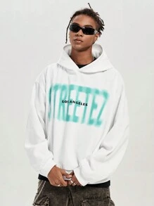 Manfinity VCAY Men's Loose Letter Print Long Sleeve Fluffy Fashion Hooded Sweatshirt, Thick Graphic White Gym Hoodie, For Friends, Husband, Boyfriend Gifts