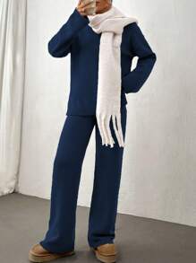 2pcs Women Solid Color Stand Collar Long Sleeve Sweater Top And Pants Casual Knit Set - Navy Blue - View 5