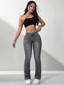 SHEIN ICON Women's Casual Distressed Low Waist Slim Fit Flare Leg Jeans - Black - View 6