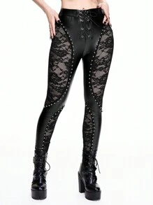 ROMWE Goth 哥特式力量感觉 PU 仿皮与蕾丝拼布紧身喇叭裤