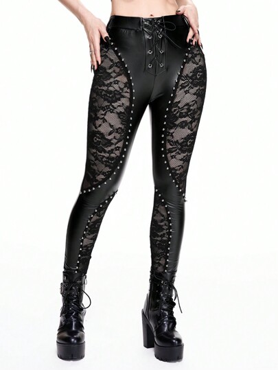Pantalon gothique effet puissance en PU et patchwork de dentelle, coupe slim évasé