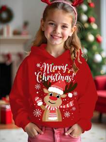 SHEIN Leap Crew Bluza z kapturem dla dziewczynek w stylu casual, gruba, z motywem jelenia i płatka śniegu, odpowiednia na jesień/zimę