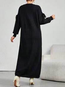 Mulvari Women's Rhombus Pattern Round Neck Tassel Elegant Long Sleeve Sweater Dress