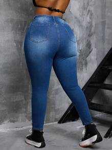SHEIN SXY Pantalones vaqueros pitillo azules con parches desgastados y elásticos para mujer de talla grande, estilo casual de otoño/invierno - Azul - Ver 4