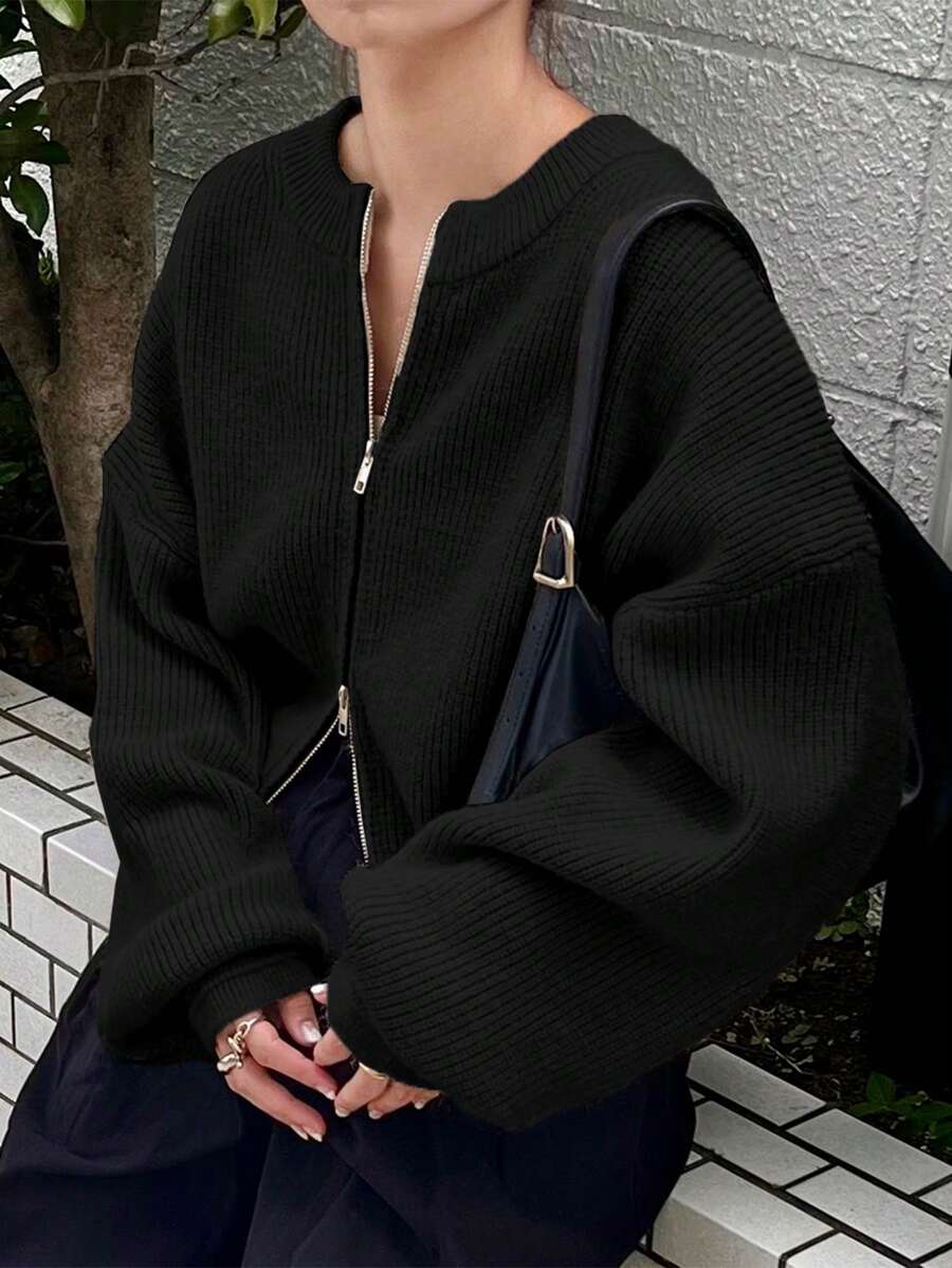 FRIFUL Women Minimalist Solid Color Zip Up Cardigan, Suitable For Autumn Season,Fall Women Clothes Jacket - Black - View 1