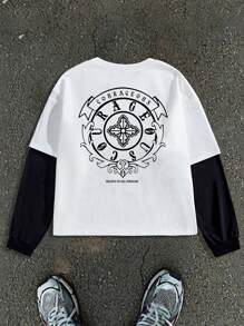 Manfinity VCAY Men Letter Graphic Print Round Neck 2 In 1 Long Sleeve Casual T-Shirt, Autumn, Fashion, Boyfriend Gift, For Going Out