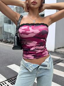 INAWLY Damski swobodny top bandeau z koronkową lamówką i nadrukiem w kamuflażu