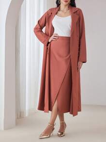 Modelyn 2 件套女士优雅长款开衫外套，配有前扣和翻领和时尚裙子 2 件套 - 珊瑚橙 - 查看 5