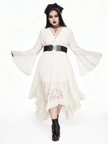 ROMWE Plus Size Gothic Deep V Flare Sleeve Asymmetric Hem Contrast Lace Cinched Waist Up White Dress - Beige - View 1