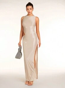 Glamine 女士米色时尚性感不对称绑腿露背高腰镂空高开叉腿部约会晚礼服、派对礼服、舞会礼服 - 金色 - 查看 6
