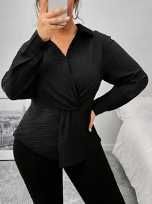 Calvaya Plus Size Women Solid Color Front Twist Texture Blouse - Black - View 5