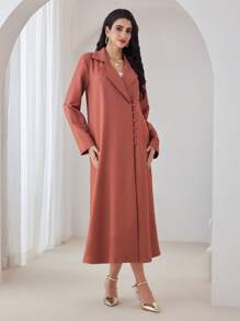 Modelyn 2 件套女士优雅长款开衫外套，配有前扣和翻领和时尚裙子 2 件套 - 珊瑚橙 - 查看 6