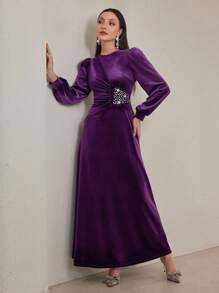 Modelyn Women Round Neck Long Sleeve Rhinestone Decor Casual Long Arabian Modest Dress Long Evening Dresses